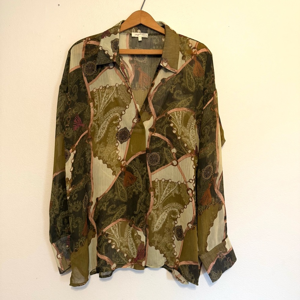 Mystree Womens  Long Sleeve Top Shirt Blouse Equestrian Size L Green